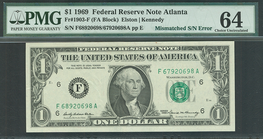 Mismatched Serial Number Error, 1969 $1 Atlanta FRN F68920698A/F67920698A, vChCU, PMG-64